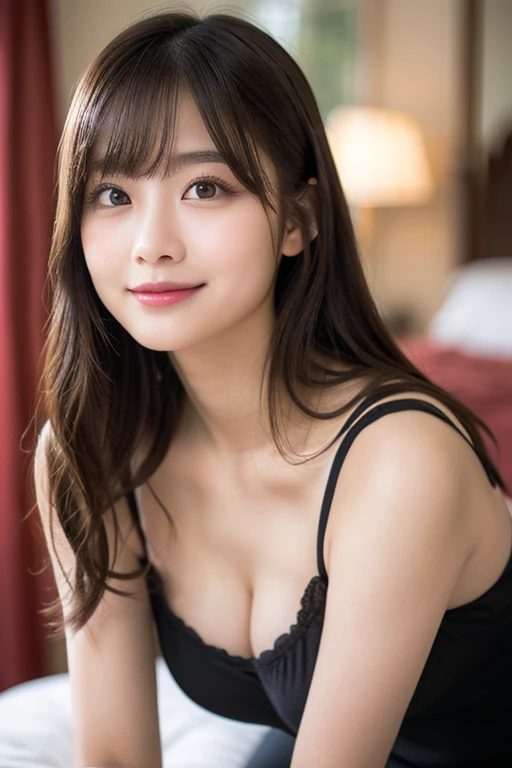 A beautiful East Asian woman with long brown hair and bangs, wearing a black camisole, smiles gently indoors.