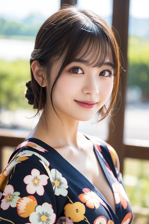 A beautiful East Asian woman with brown hair and bangs smiles gently while wearing a floral kimono.