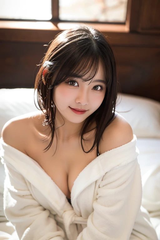 A beautiful East Asian woman with long brown hair and bangs, wearing a white robe, looks directly at the viewer with a gentle smile.