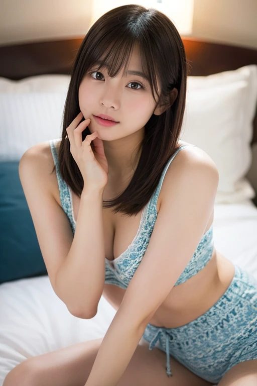 A beautiful East Asian woman with long brown hair and bangs, wearing a light blue patterned bra and shorts, poses suggestively on a bed.