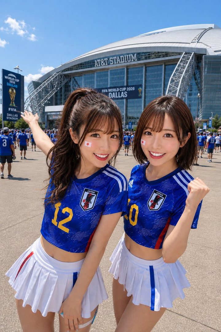 Two smiling women in Japanese soccer jerseys and white skirts pose in front of AT&T Stadium for the FIFA World Cup 2026 in Dallas.
