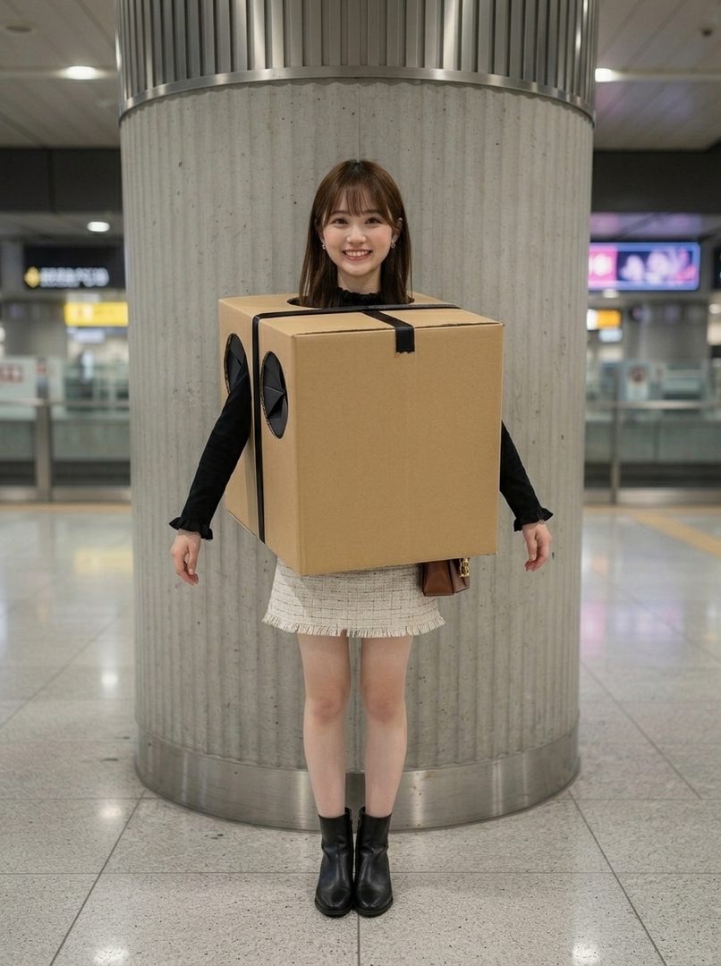 A smiling woman with short brown hair wears a cardboard box costume over a black top and a white skirt, standing indoors.