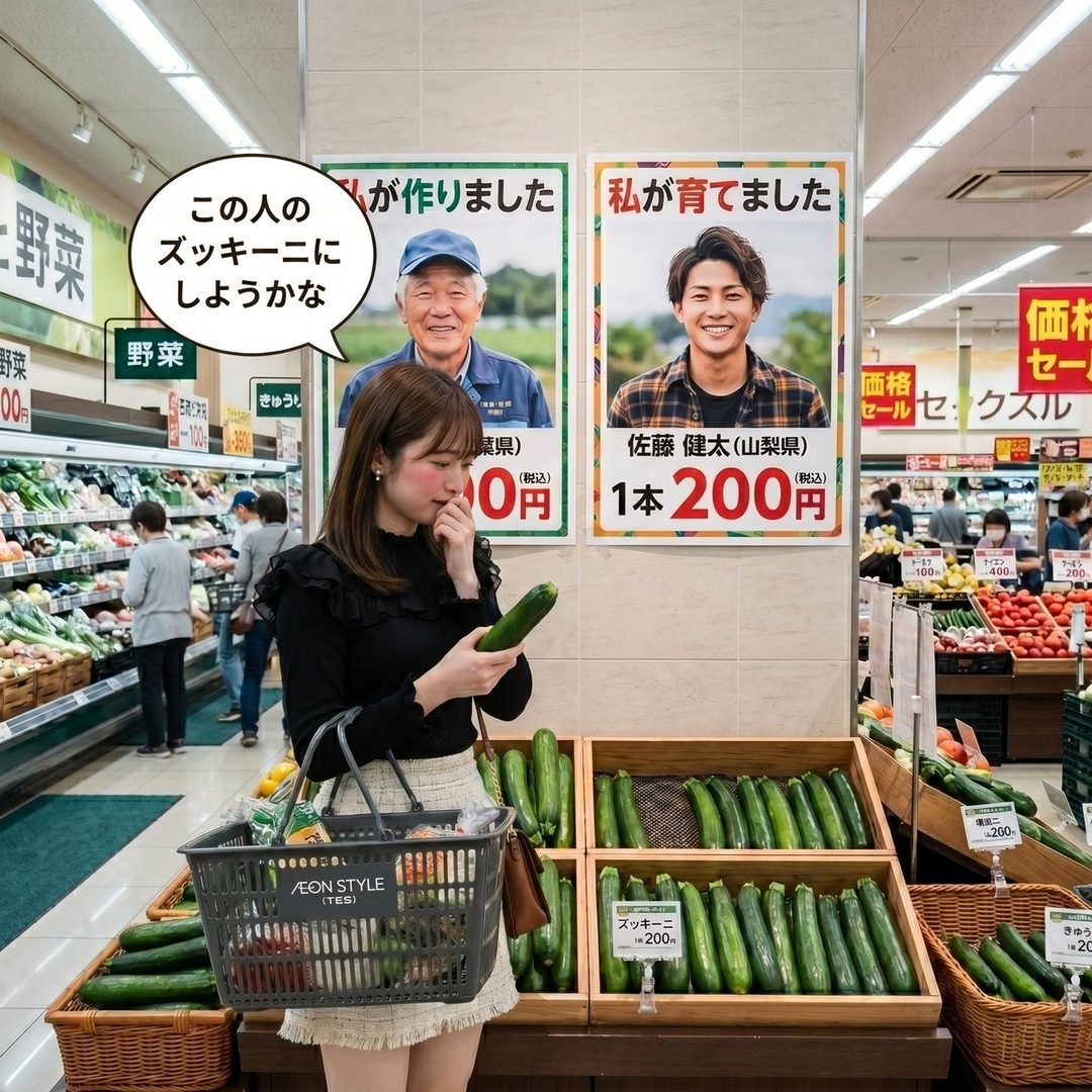 A young woman in a black ruffled top and white skirt holds a zucchini in a supermarket, looking at a poster of a male farmer.