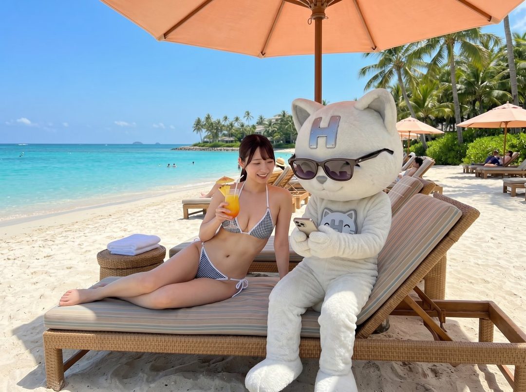 A smiling woman in a checkered bikini relaxes on a beach lounge chair next to a mascot character, holding a tropical drink.