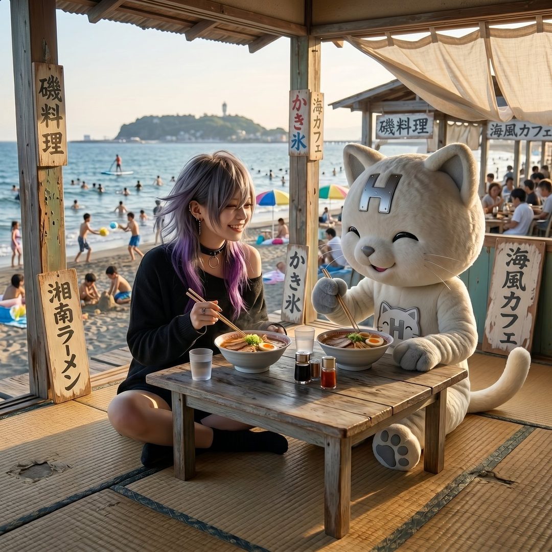 A young woman with silver and purple hair is eating ramen with a cat mascot at a beachside cafe.