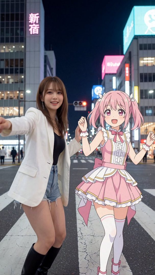 A photorealistic woman in a white blazer and denim shorts stands on a city street at night, holding hands with an anime girl in a pink dress.