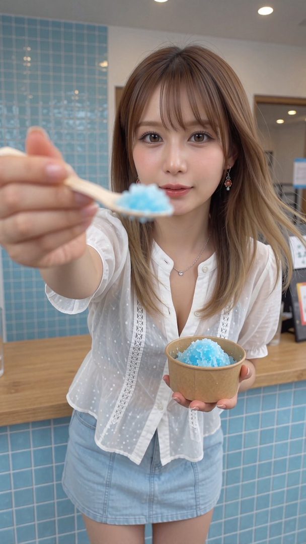 A cute Japanese woman with brown hair and bangs holds a cup of blue shaved ice and offers a spoonful to the camera.