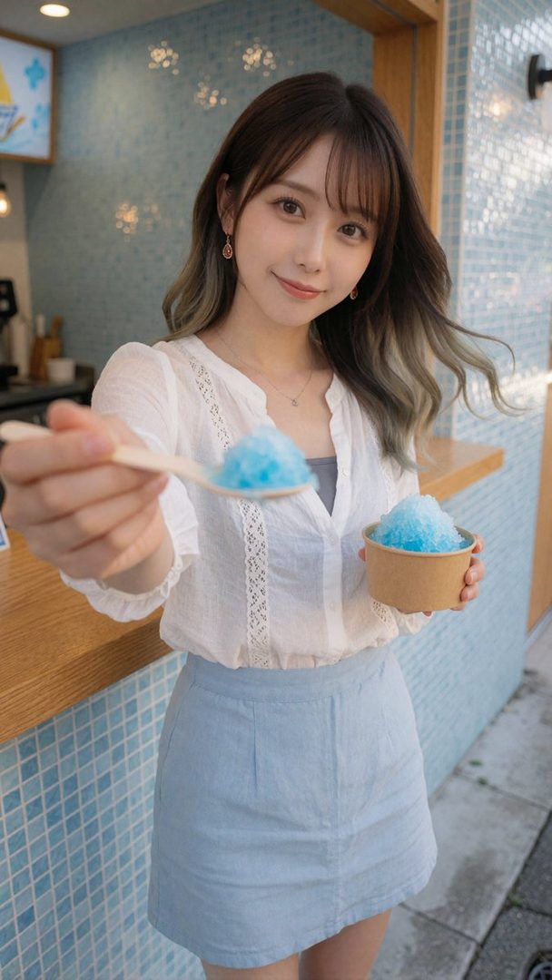 A young woman with brown hair and bangs, wearing a white blouse and light blue skirt, offers a spoonful of blue shaved ice while holding a cup of it.