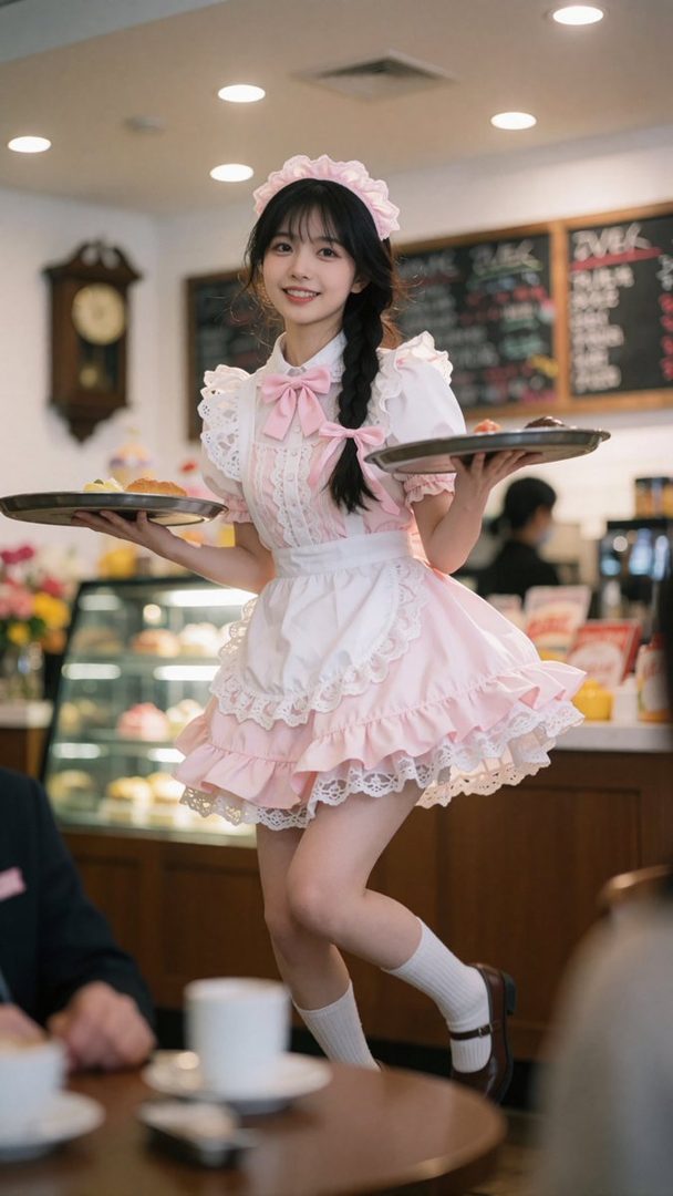 A cute East Asian woman in a pink and white maid outfit with a braided hairstyle, holding two trays of food in a cafe.