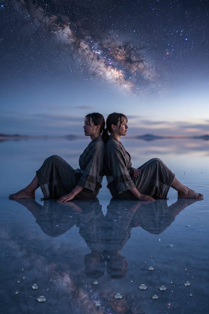 Two women in traditional Japanese attire sit back-to-back on a reflective surface under a starry night sky with the Milky Way visible.