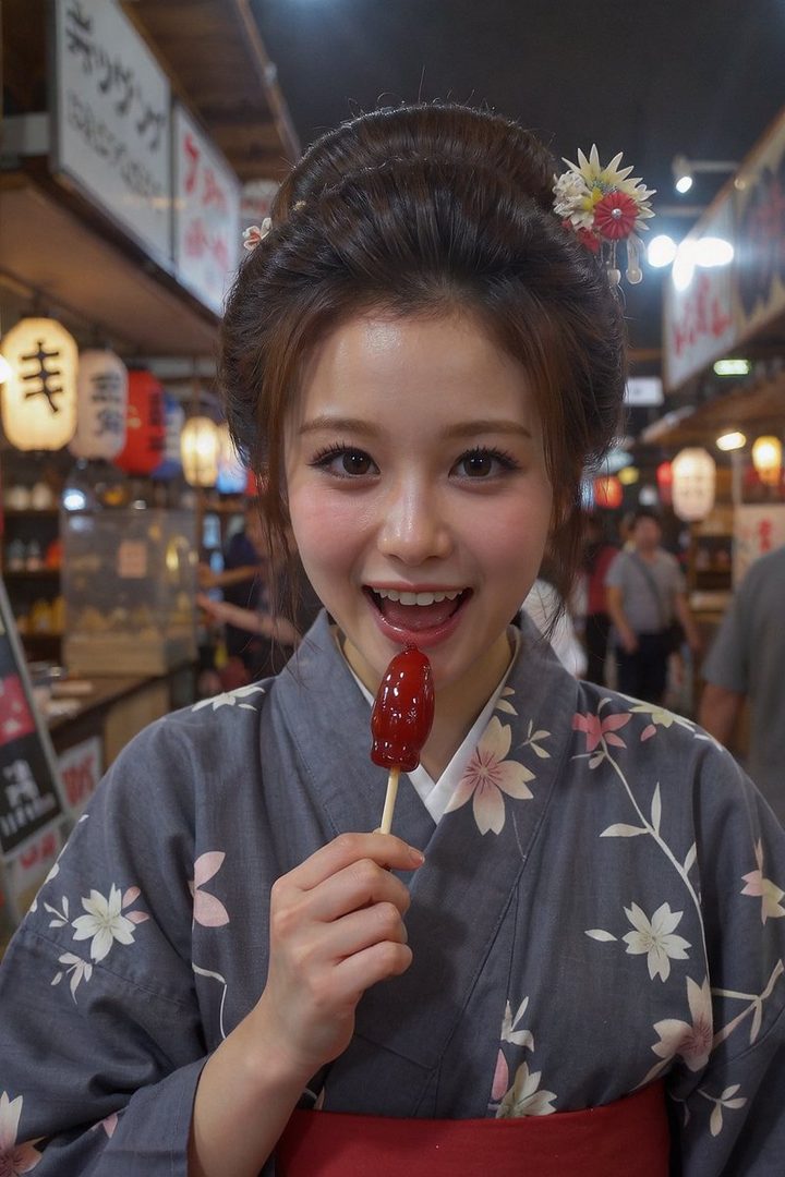 A young woman in a grey kimono with cherry blossom patterns smiles while holding a candied fruit on a stick in an indoor market.
