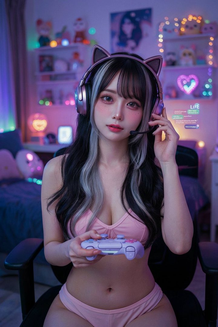 A young woman with black and white hair, wearing cat-ear headphones and pink lingerie, holds a game controller in a neon-lit room.
