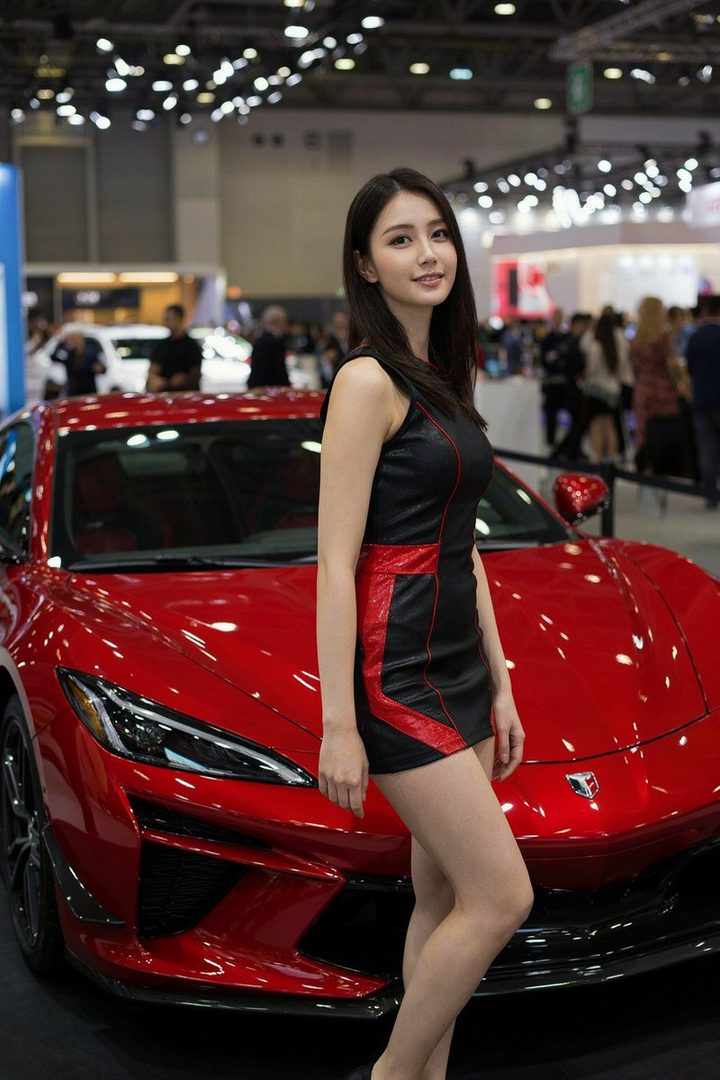 A beautiful woman in a black and red dress poses next to a red sports car at an indoor event.