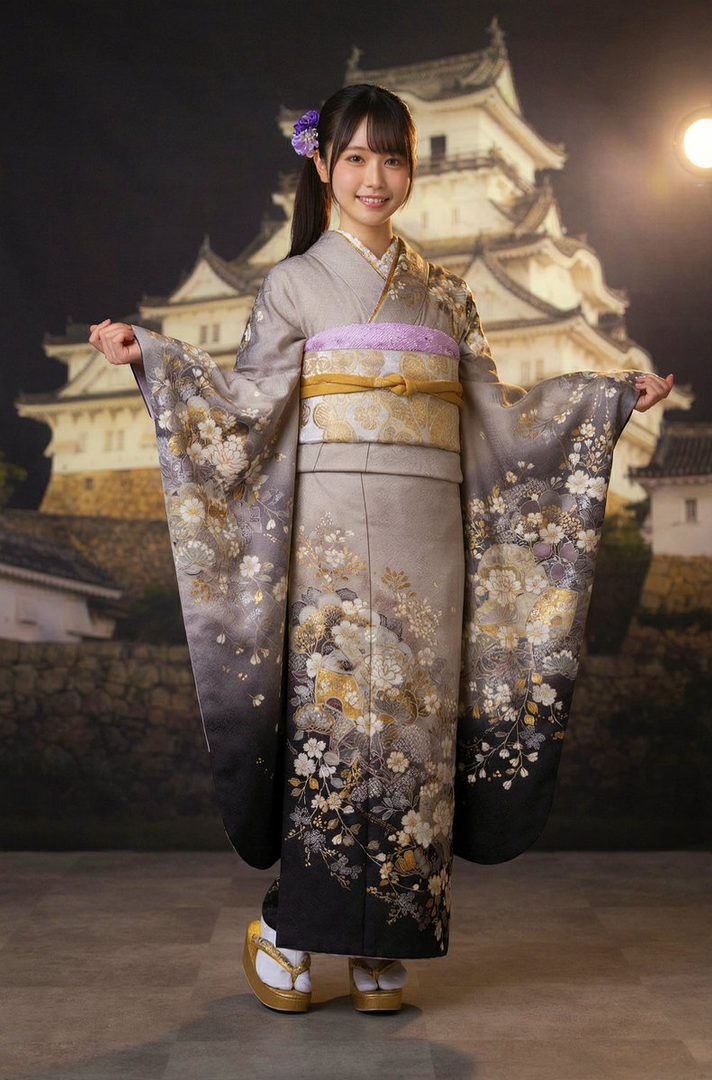 A young woman in a beautiful grey kimono with floral patterns stands in front of a Japanese castle at night.