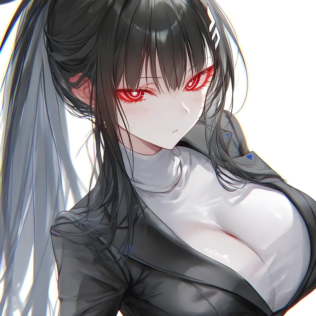 An anime-style portrait of a woman with long black hair and glowing red eyes, wearing a white turtleneck and a black suit jacket.
