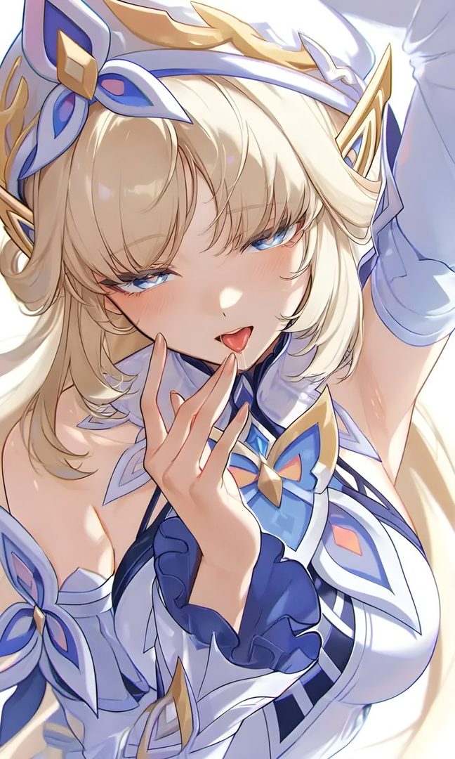An anime-style portrait of a blonde woman with blue eyes, wearing a white and blue ornate outfit, suggestively licking her finger.