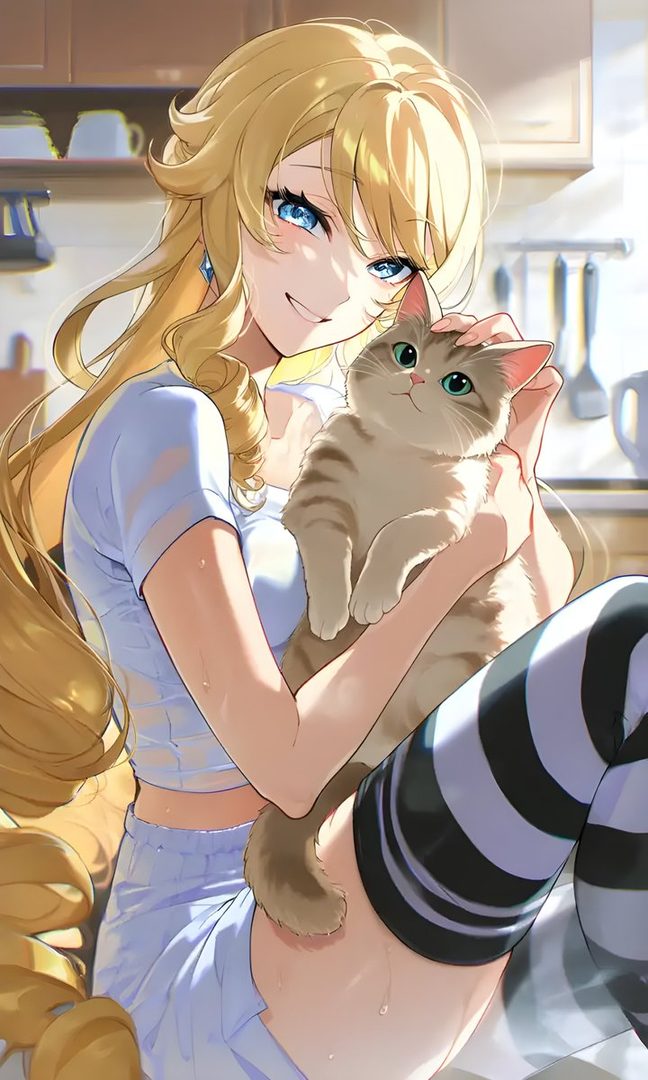 An anime girl with long blonde hair and blue eyes smiles while holding a cat in an indoor setting.