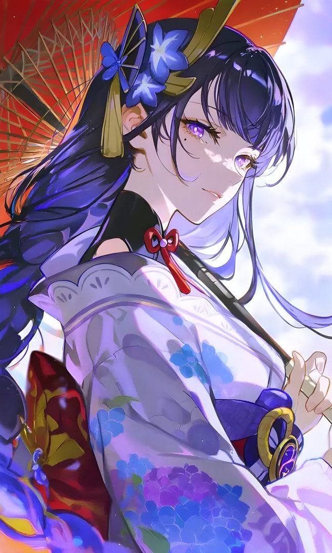 An anime-style portrait of Raiden Shogun from Genshin Impact, wearing a kimono and holding a traditional Japanese umbrella.