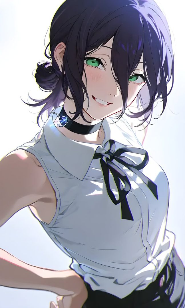 An anime-style portrait of Reze from Chainsaw Man, featuring her with short dark hair, green eyes, and a playful smile, wearing a white sleeveless blouse with a black ribbon.