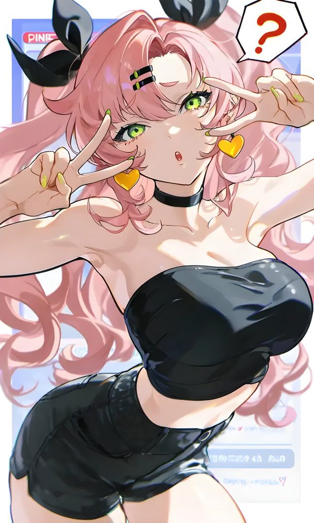 An anime-style girl with long pink hair and green eyes makes a peace sign, wearing a black tube top and shorts.