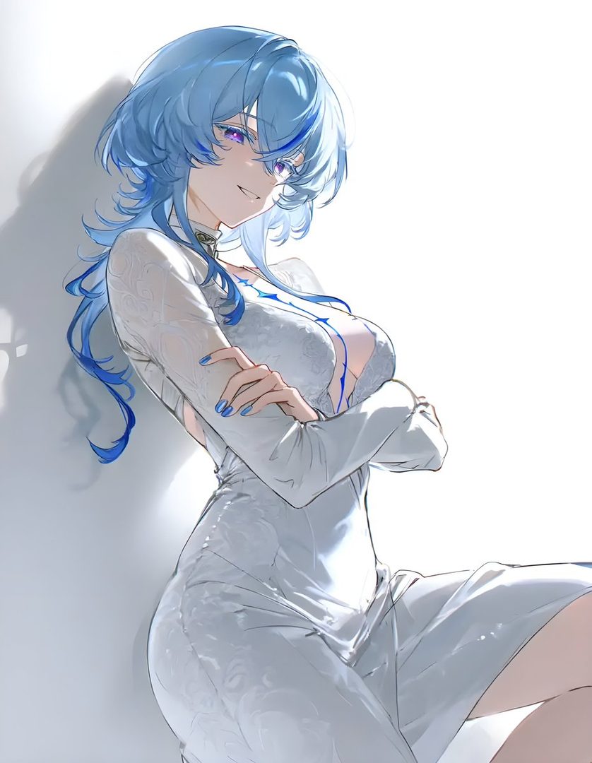 An anime-style woman with long blue hair and purple eyes wears a white dress, leaning against a wall with a suggestive expression.