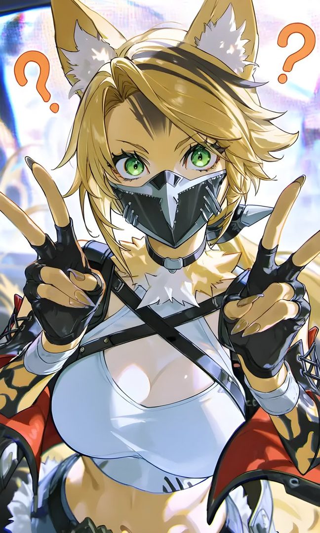 An anime-style character with blonde hair, green eyes, and animal ears, wearing a mask and making peace signs.
