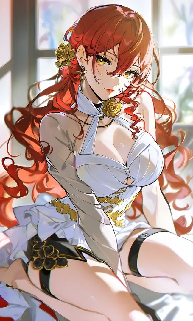 An anime-style illustration of a woman with long red hair and a white and gold dress, looking seductively at the viewer.