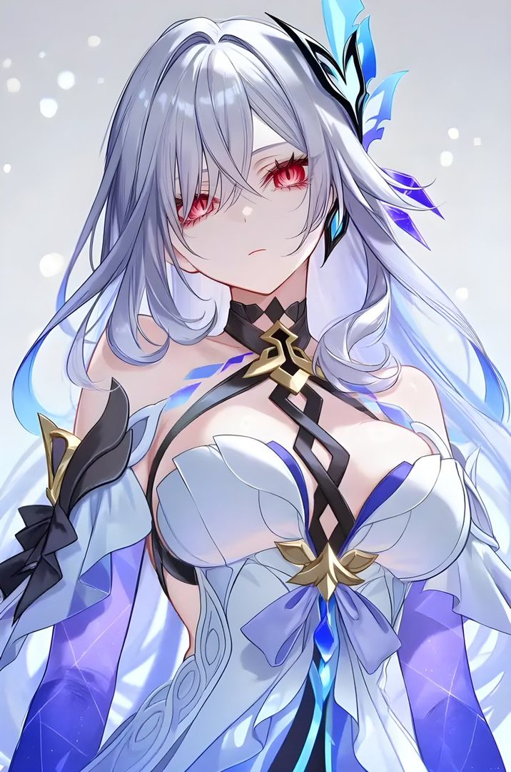 An anime-style portrait of a woman with long white hair and red eyes, wearing an ornate white and blue dress.