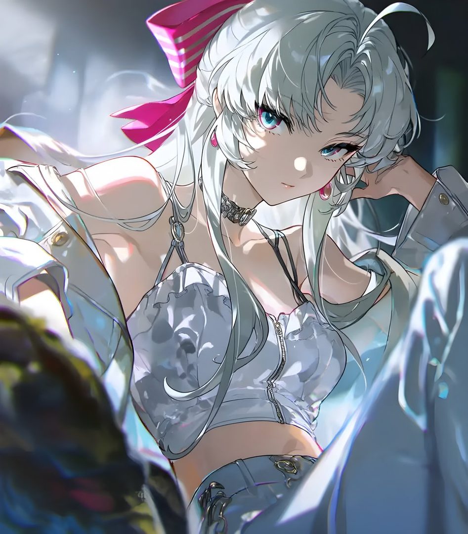 An anime-style portrait of a white-haired woman with a pink bow, wearing a white crop top and jacket.