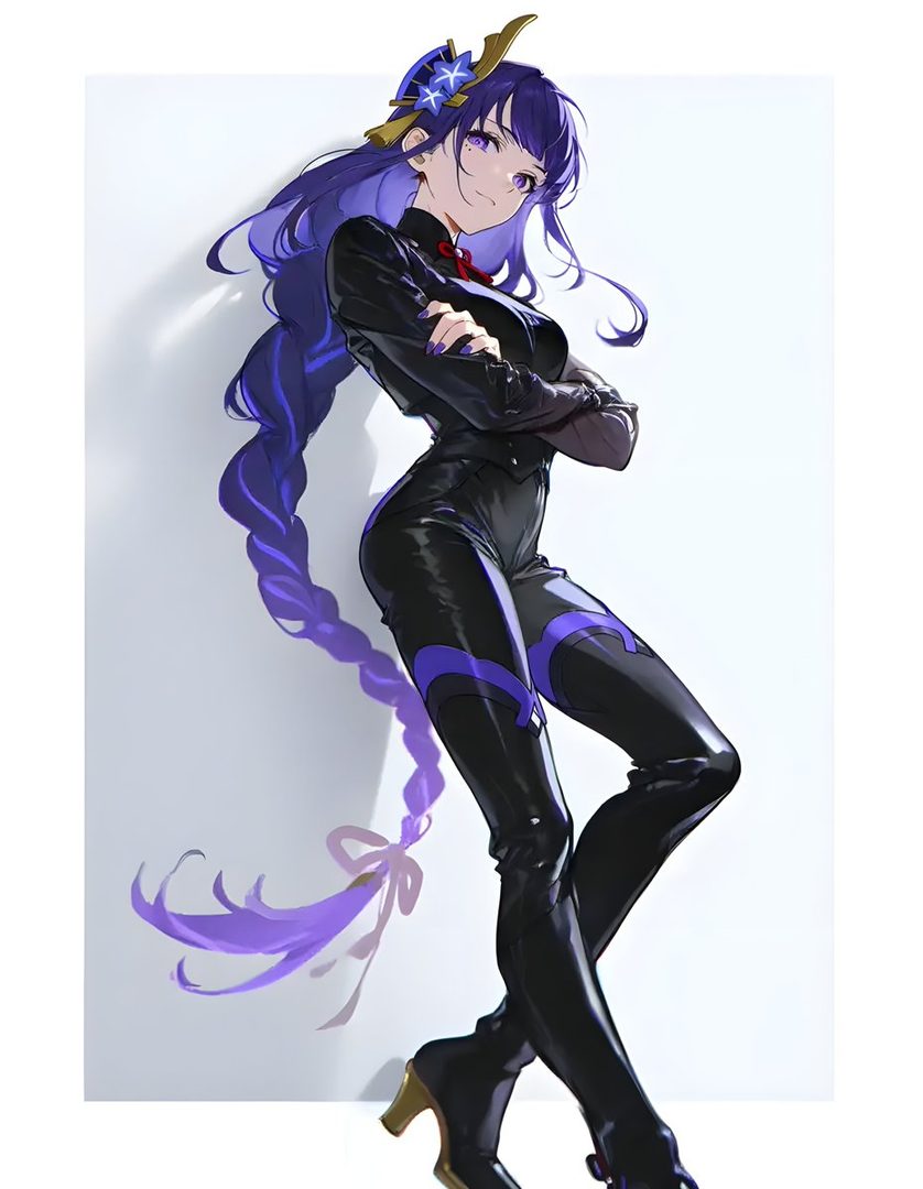 An anime-style illustration of Raiden Shogun from Genshin Impact, wearing a form-fitting black and purple suit, with long braided purple hair, leaning against a white wall.