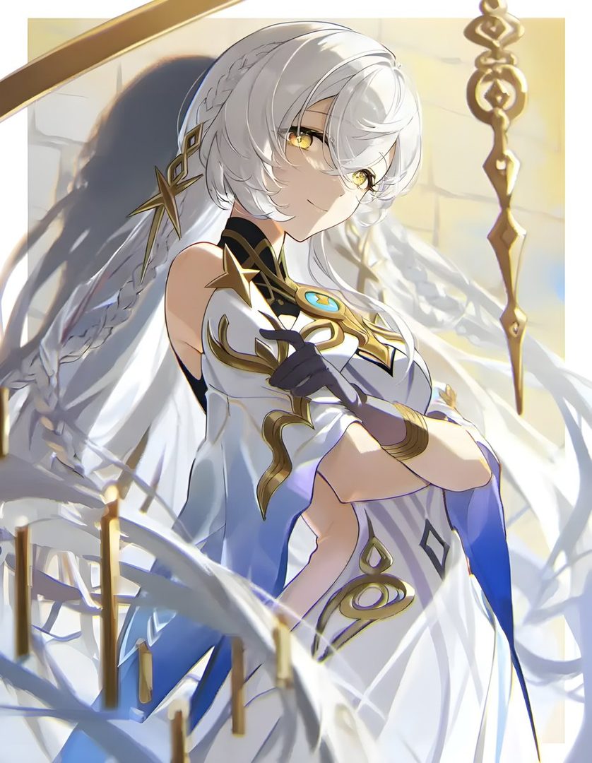 An anime illustration of a woman with long white hair and golden eyes, wearing an elegant white and gold dress.