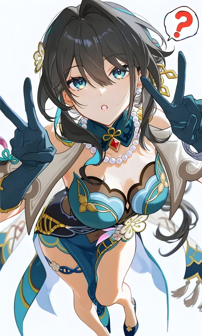 An anime-style illustration of Ruan Mei from Honkai Star Rail, wearing a blue and gold dress, making a peace sign with both hands and a questioning expression.