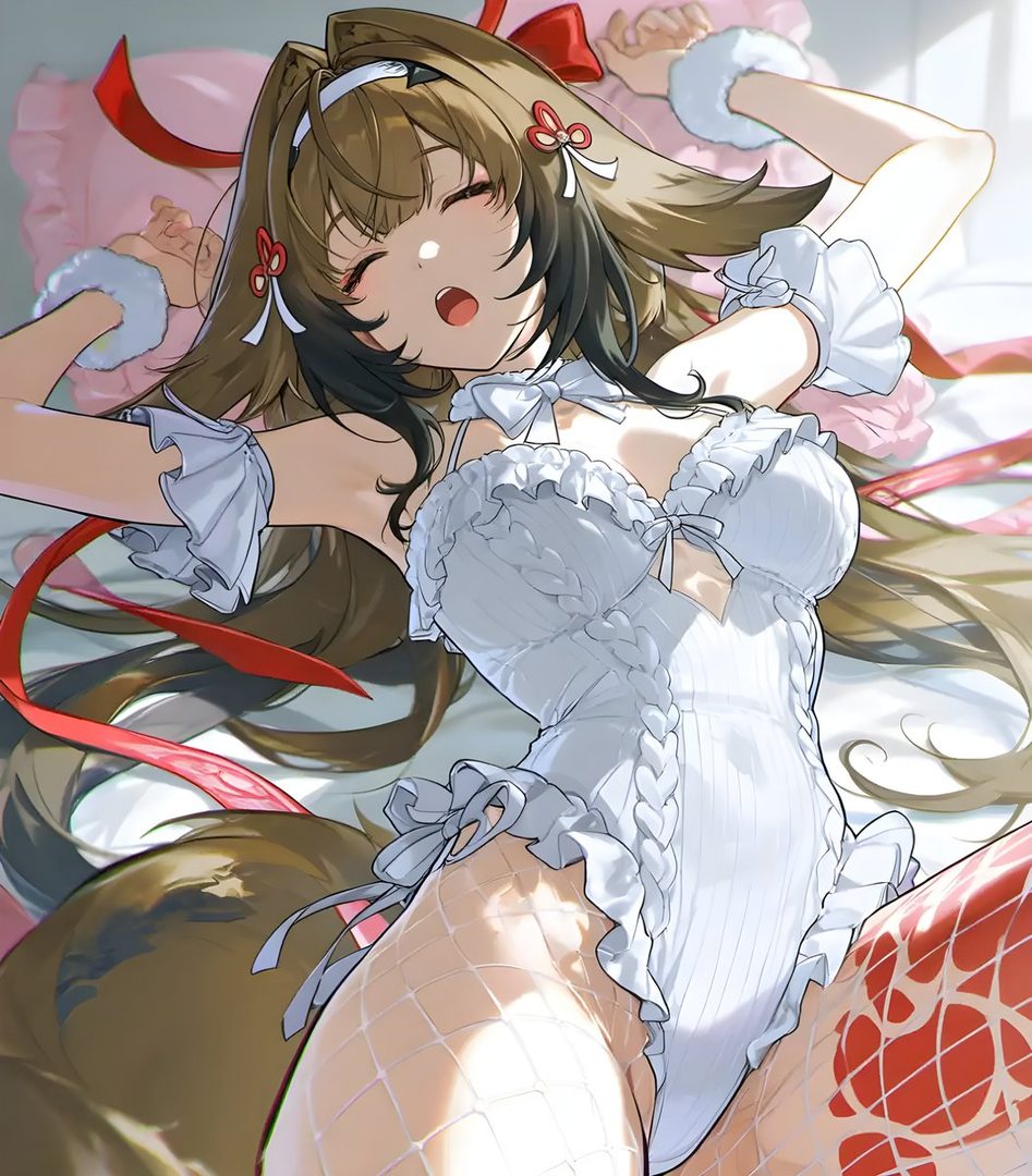 An anime girl with long brown hair and red ribbons, wearing a white frilly bodysuit and fishnet stockings, stretches playfully on a bed.