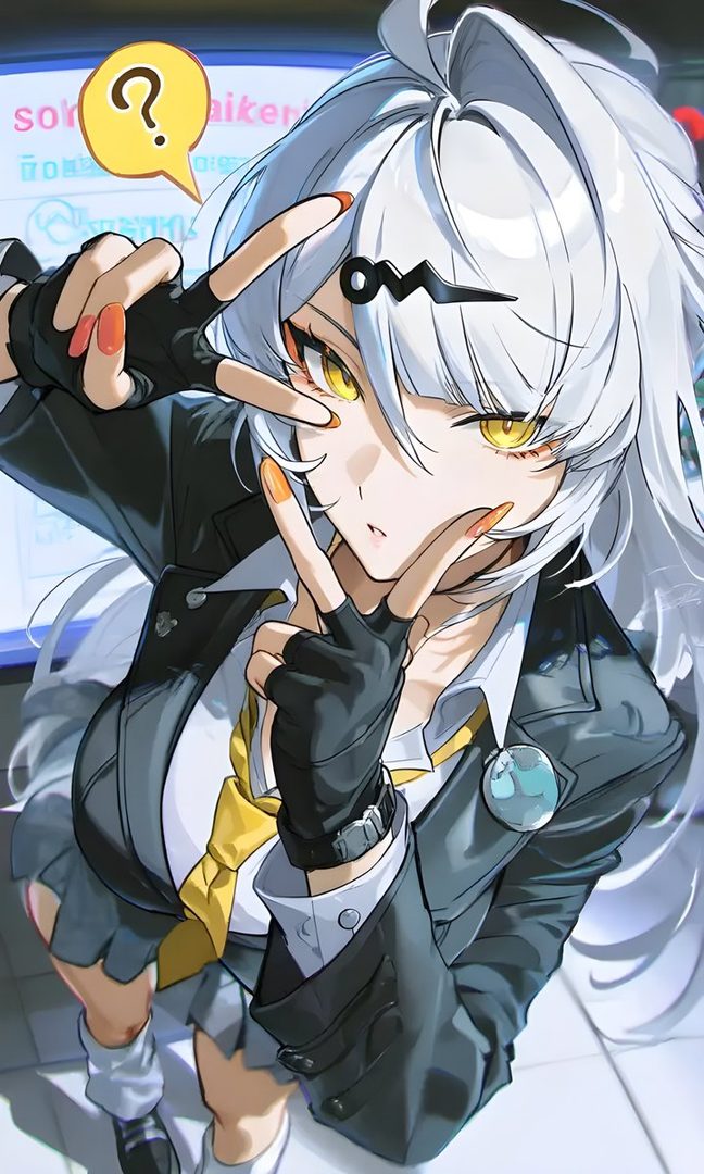 An anime-style character with white hair and yellow eyes makes a peace sign gesture while wearing a suit jacket and skirt.