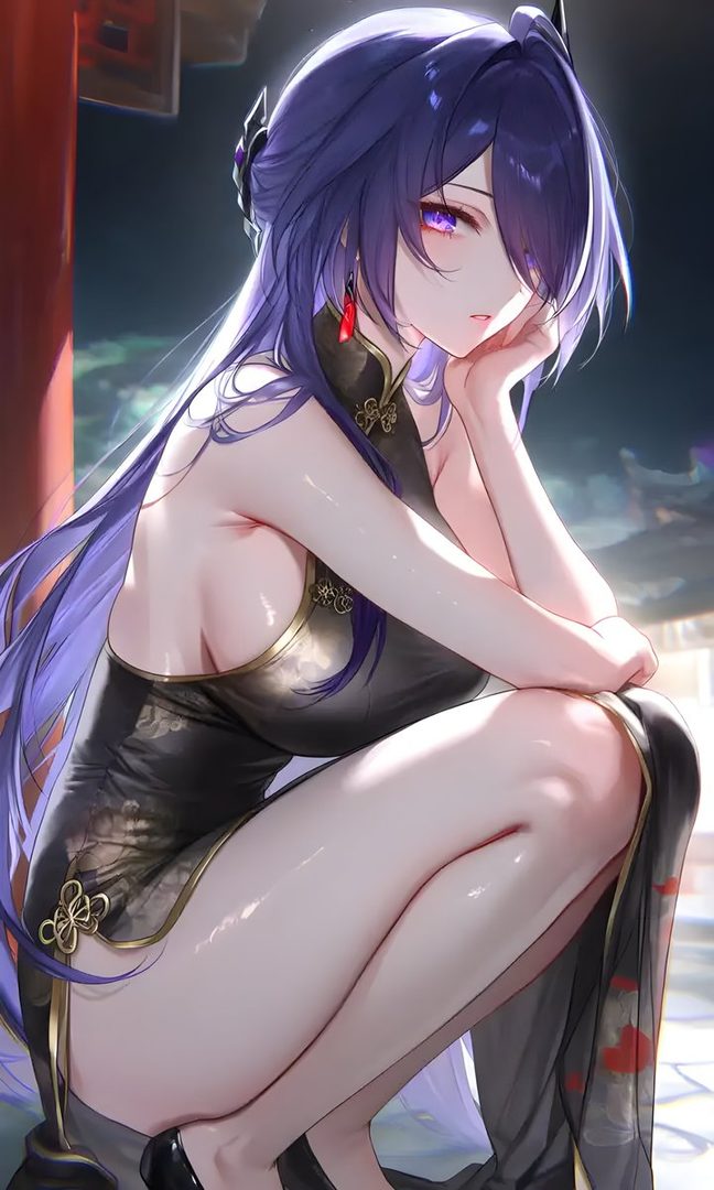 An anime-style woman with long purple hair and purple eyes, wearing a black cheongsam dress, is squatting down with a suggestive pose.