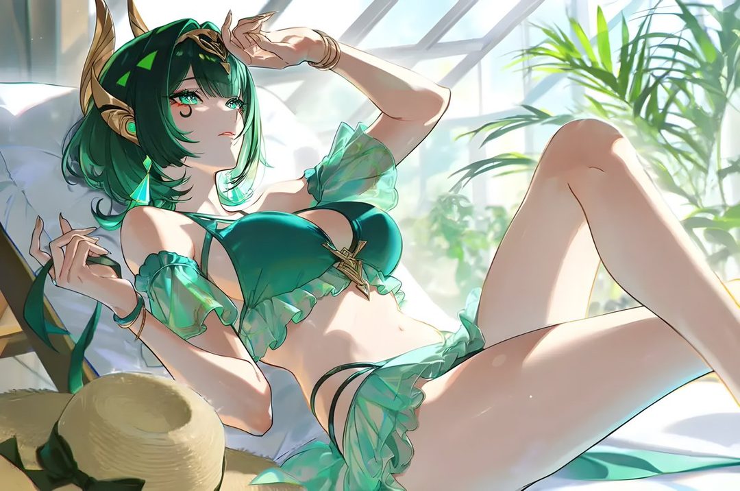 An anime-style woman with green hair and golden accessories relaxes in a green bikini indoors, with plants in the background.
