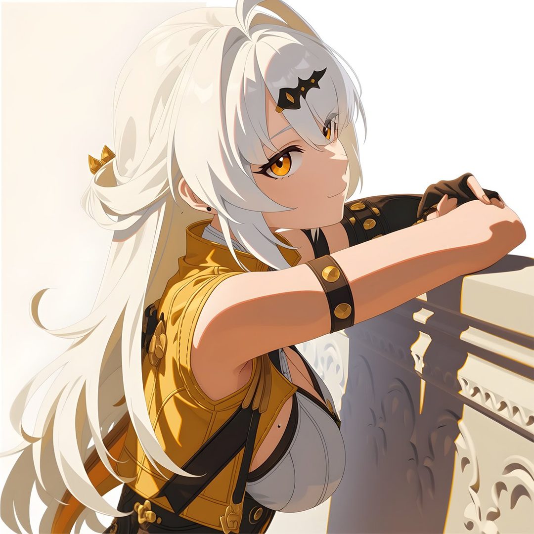 An anime girl with long white hair and golden eyes leans against a wall, smiling playfully.