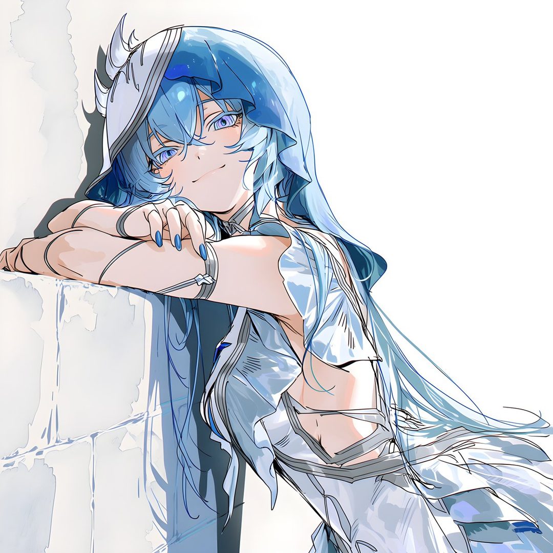 An anime-style illustration of a woman with long blue hair and blue eyes, wearing a light blue and white outfit, leaning on a white wall.