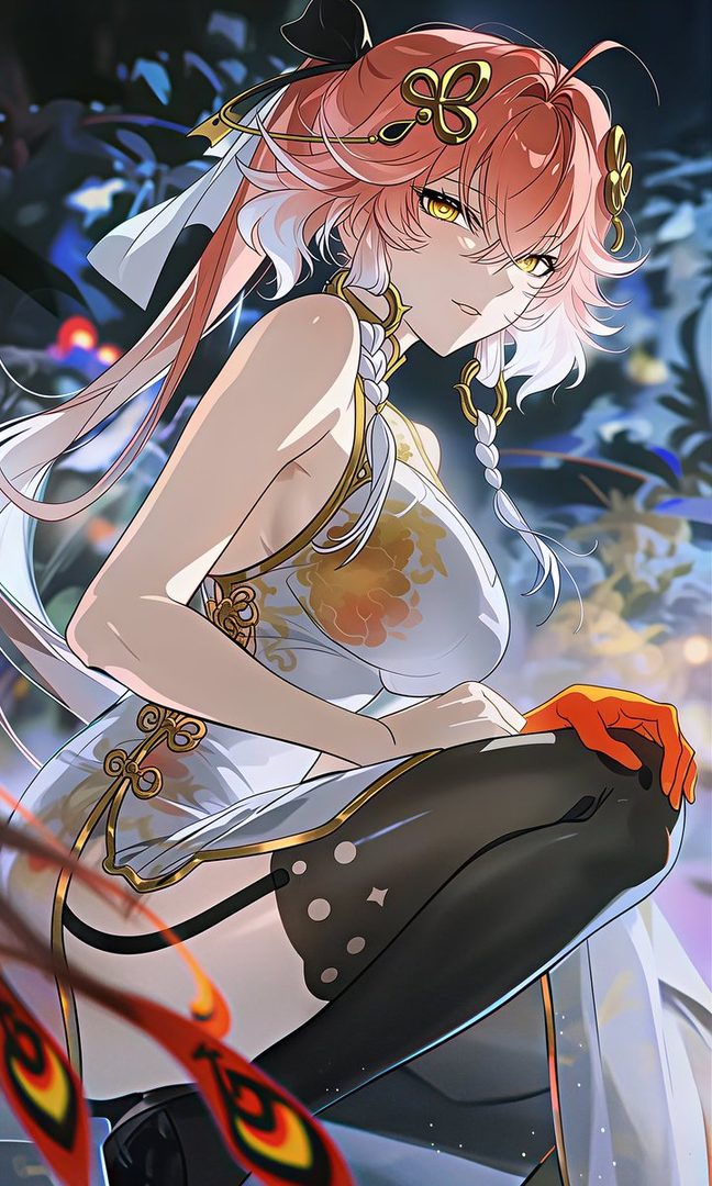An anime-style illustration of a woman with pink hair and golden eyes, wearing a white and gold cheongsam dress, looking suggestively at the viewer.
