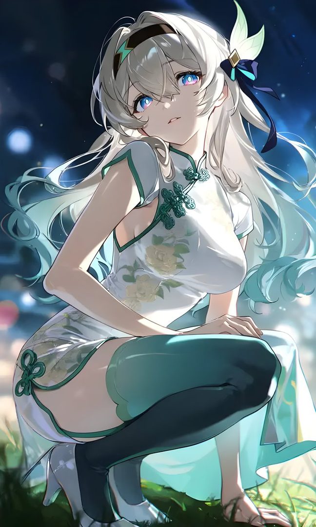 An anime girl with long white hair and blue eyes, wearing a white and green cheongsam dress, squats outdoors at night.