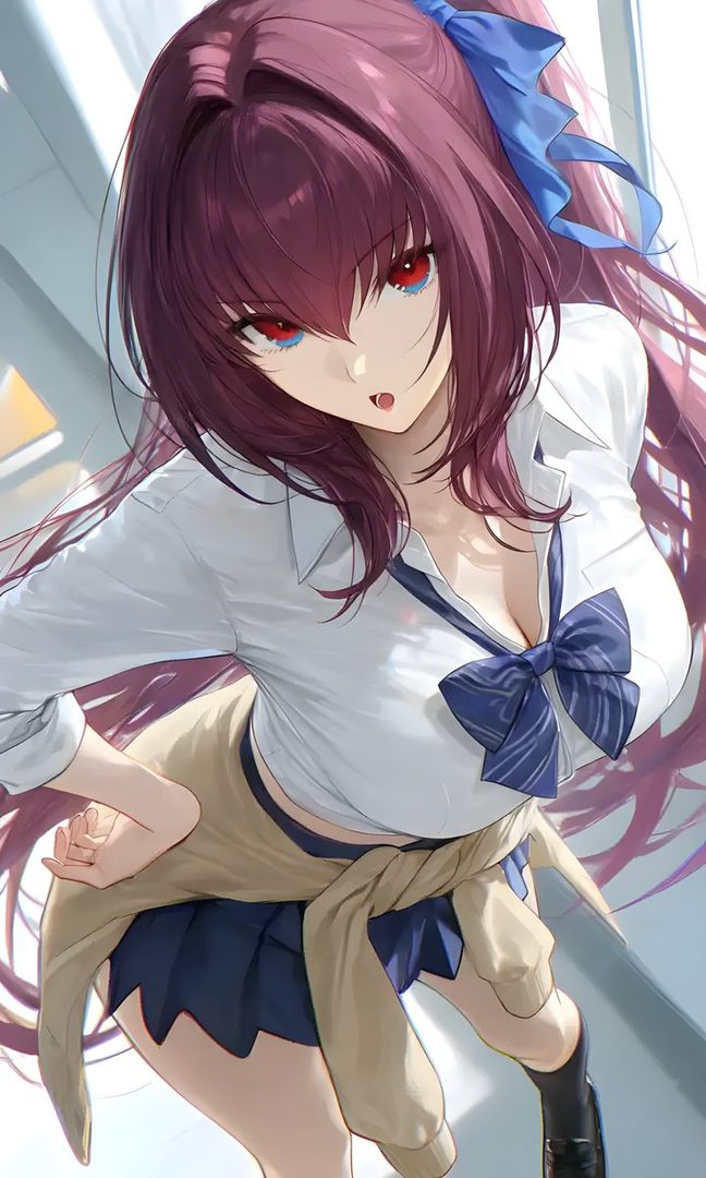 An anime-style illustration of a woman with long red hair and red eyes, wearing a white blouse, a blue skirt, and a blue ribbon, looking down at the viewer.