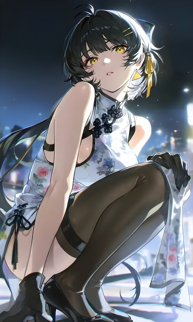 An anime girl with short black hair and yellow eyes wears a floral cheongsam and black stockings, crouching in a city at night.