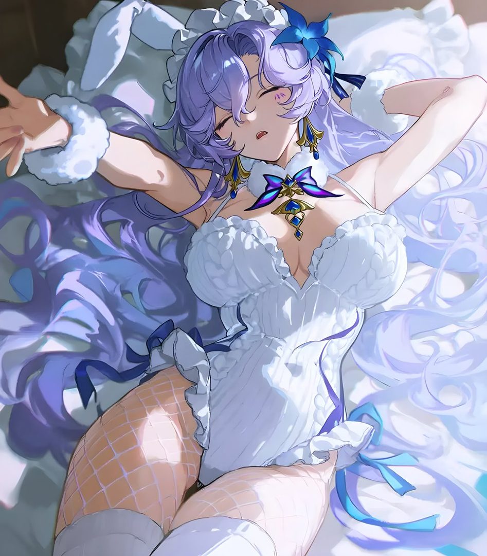 An anime-style character with long white and blue hair, wearing a revealing maid outfit and fishnet stockings, lying on a bed.
