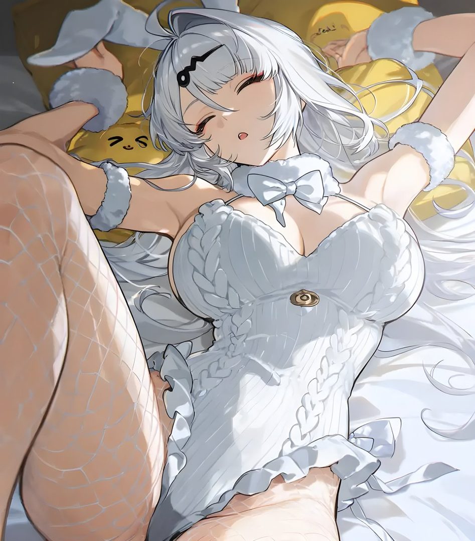 An anime girl with long white hair and bunny ears is lying on a yellow pillow, wearing a white knitted outfit and fishnet stockings.