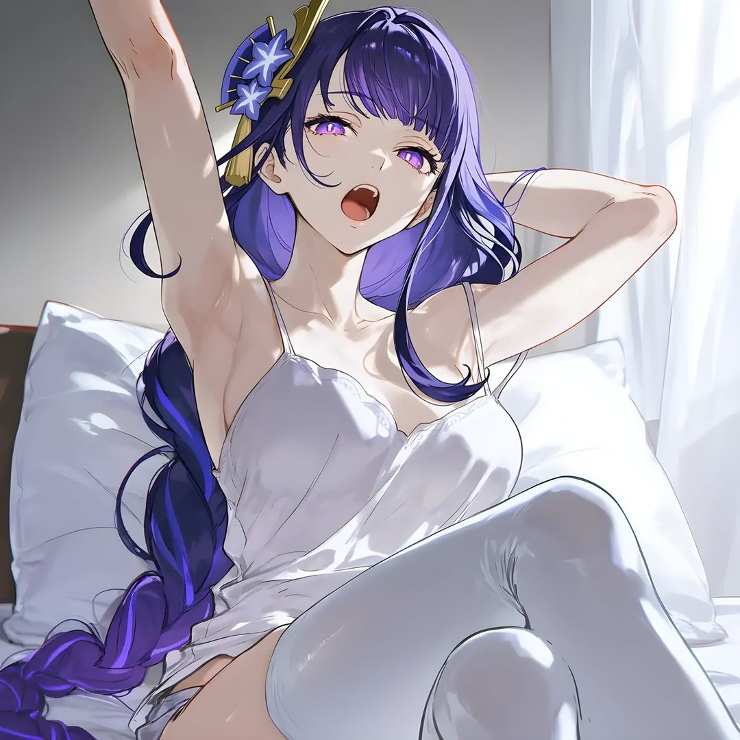 An anime girl with long purple hair and purple eyes stretches in bed, wearing a white slip dress and thigh-high socks.