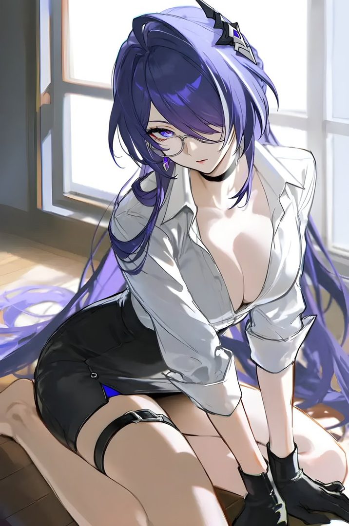 An anime-style woman with long purple hair and glasses, wearing a white shirt and black skirt, kneels indoors.