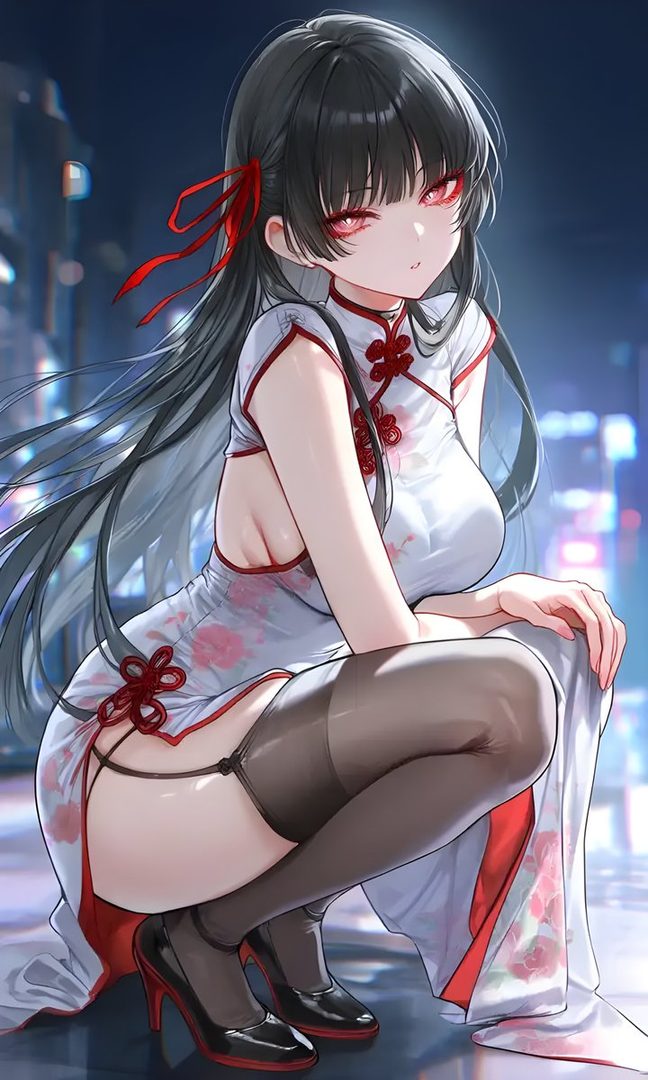 An anime girl with long black hair and red eyes, wearing a revealing white cheongsam dress and black stockings, squats in a city at night.