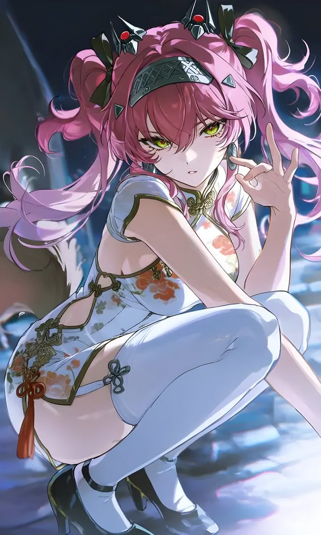 An anime-style character with pink twintails and a white floral dress poses suggestively.