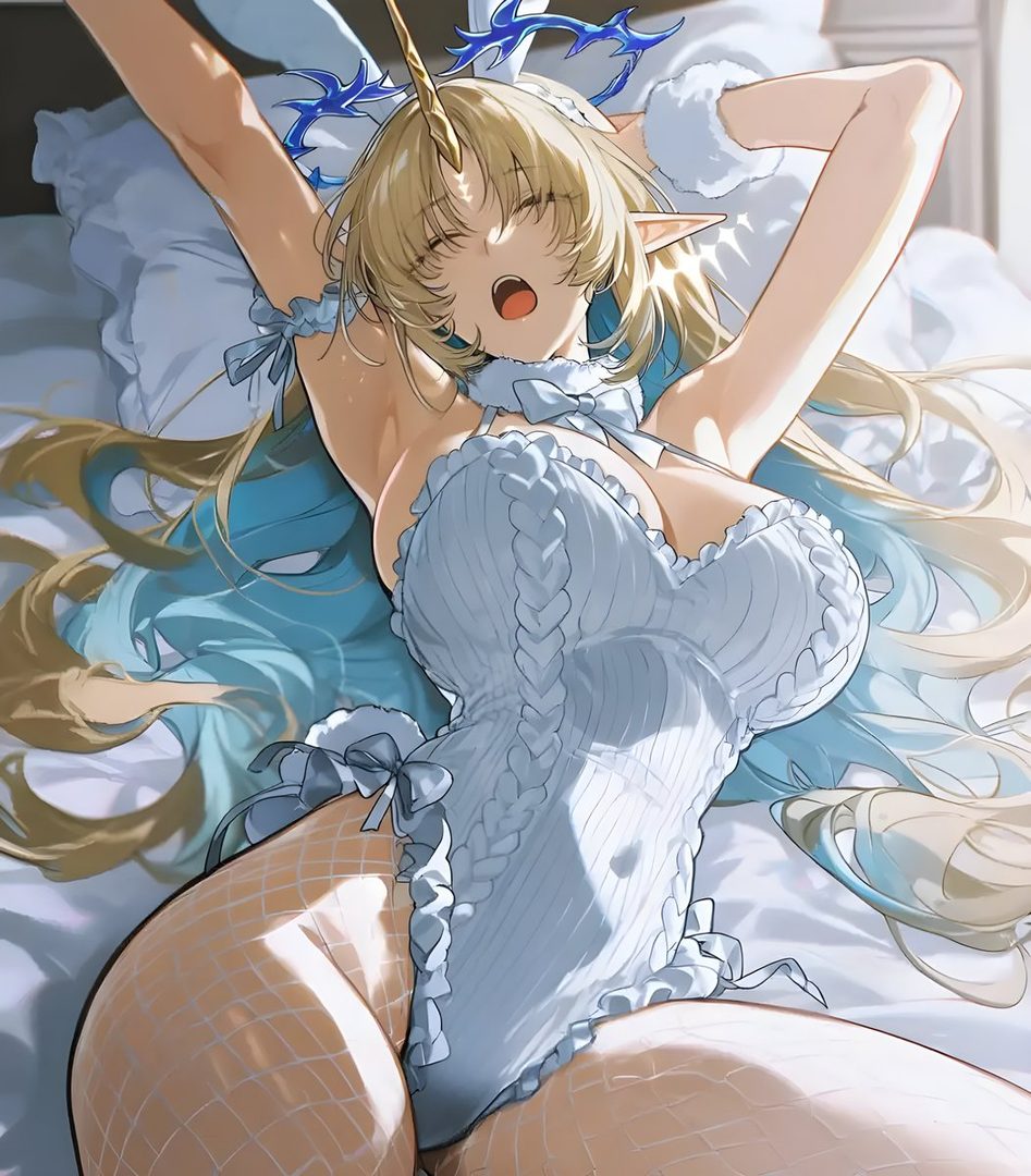 An anime-style character with blonde hair and a unicorn horn stretches in bed, wearing a light blue knitted outfit and fishnet stockings.