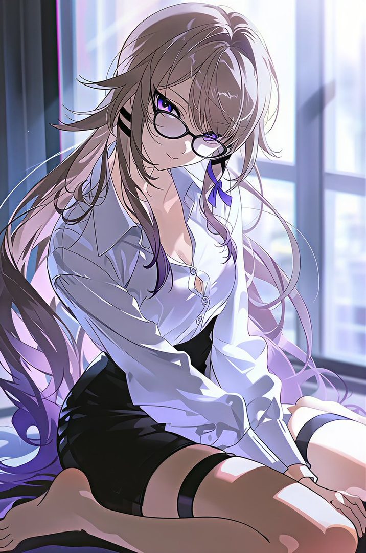 An anime-style illustration of a woman with long brown hair and glasses, wearing a white blouse and black skirt, sitting indoors.